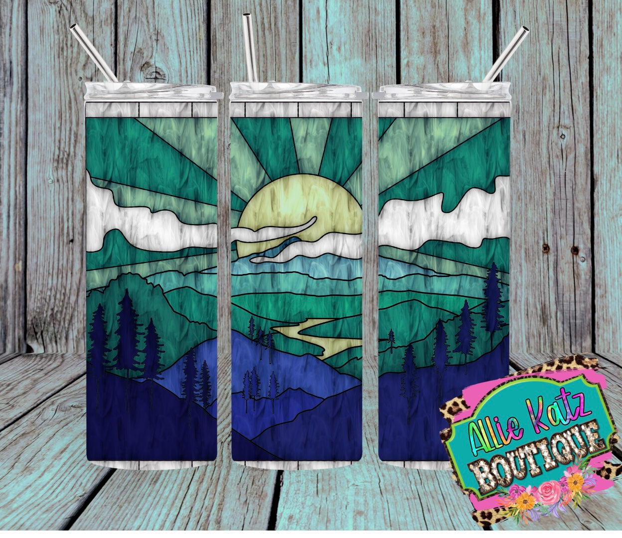 Stained Glass look mountain cool tones 20oz skinny tumbler