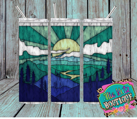Stained Glass look mountain cool tones 20oz skinny tumbler