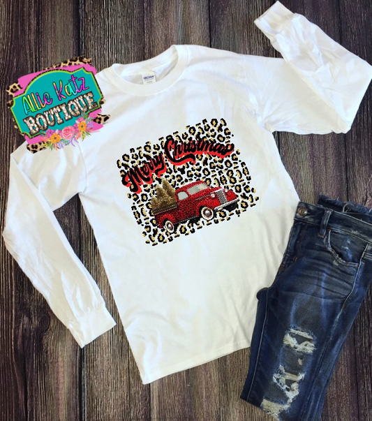 Merry Christmas leopard red truck tee