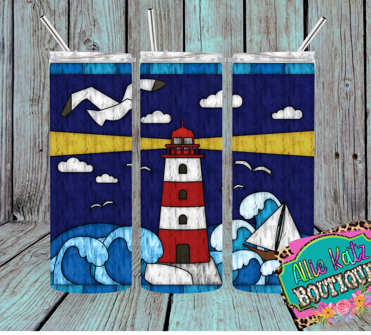 Stained Glass look lighthouse 20oz skinny tumbler