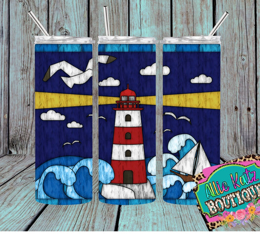 Stained Glass look lighthouse 20oz skinny tumbler
