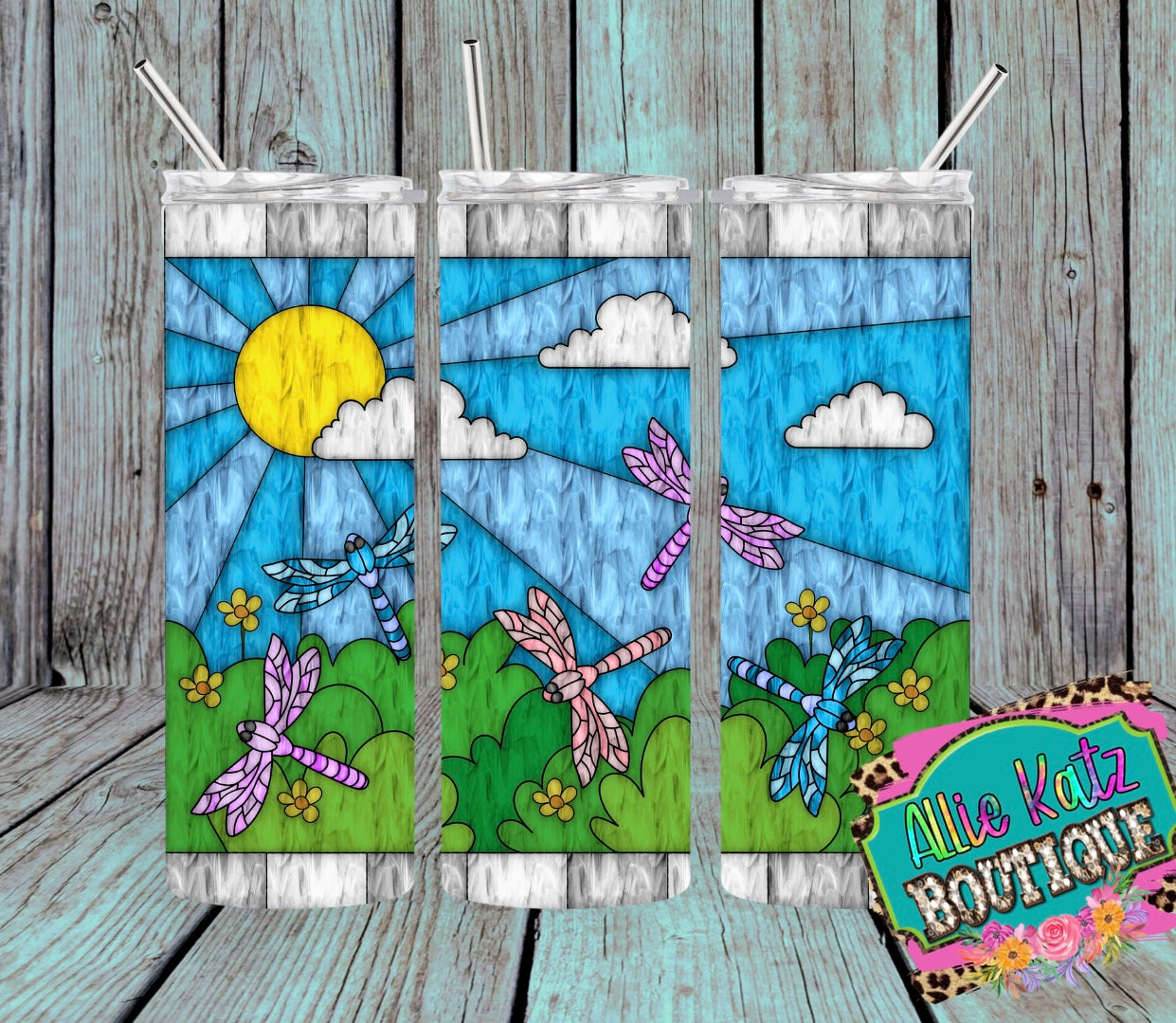 Stained Glass look dragonfly 20oz skinny tumbler